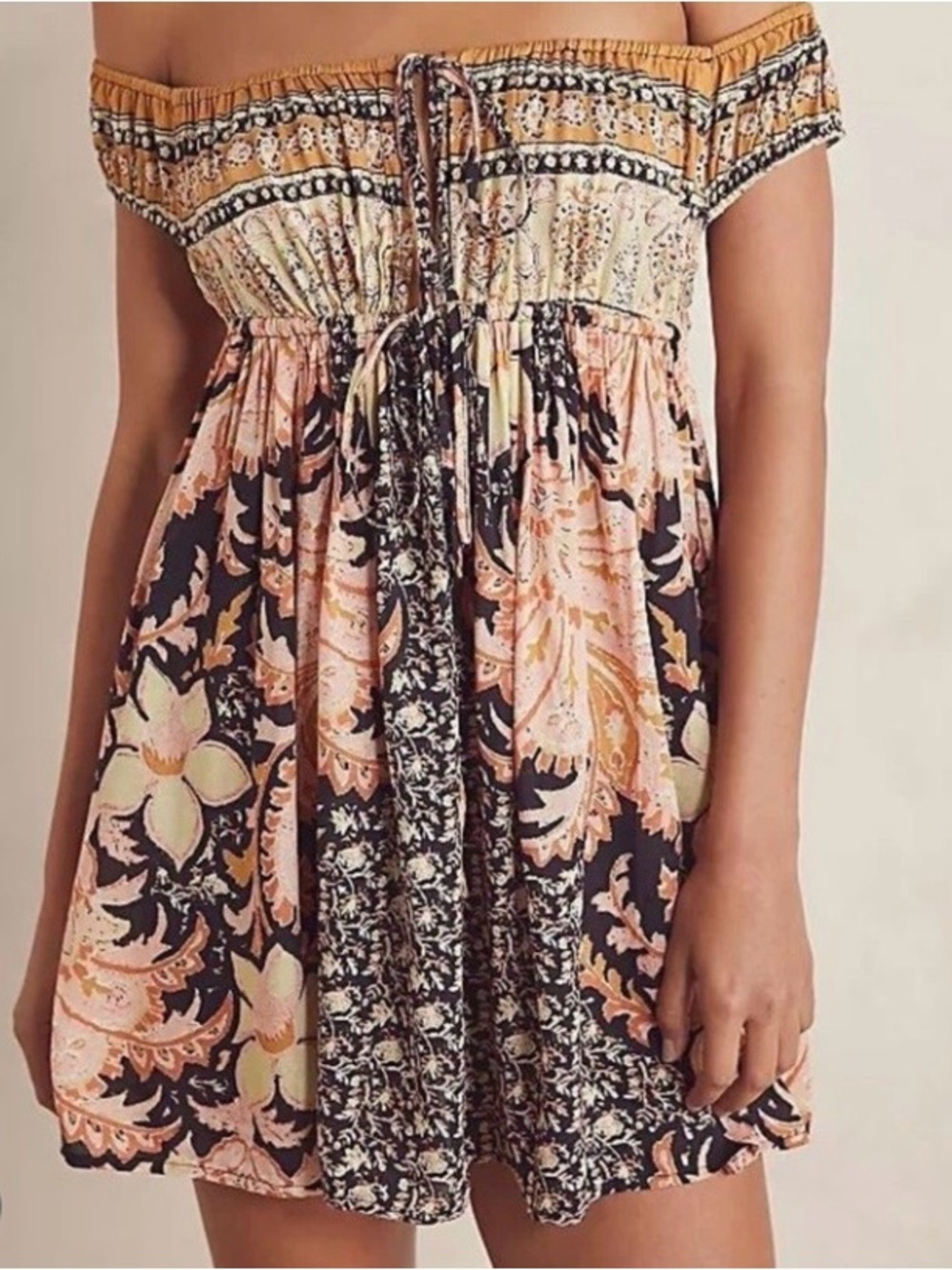 Free People Bali Mariposa Dress Black Tan Women's Off Shoulder Boho Size Small